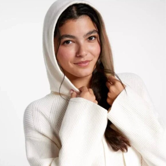 CALIA | Cashmere Blend Ribbed Knit Hooded Sweater Pullover in Cream | Small - Picture 2 of 14